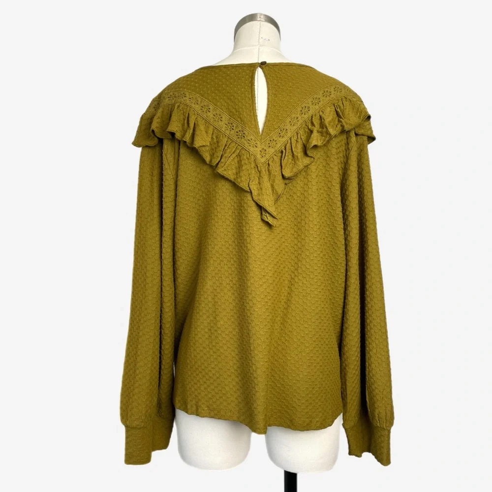 Jcrew NWT Olive green ruffle yoke honeycomb knit top prairecore boho western L